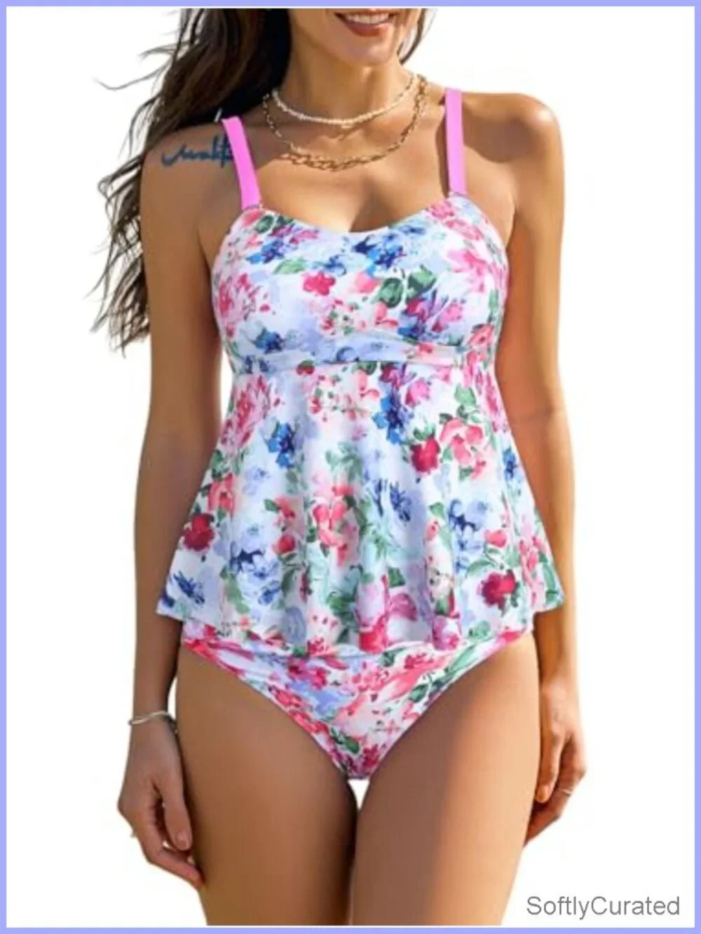 Ruffle Push Up Tankini Top with Ruched Tummy Control Bottom